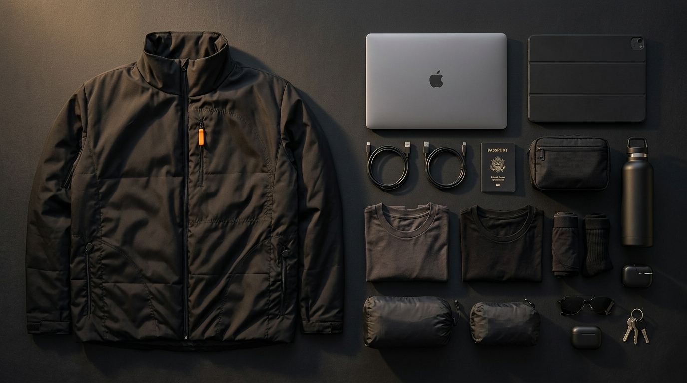 Flat-lay of everything that fits inside System26: laptop, tablet, cables, passport, toiletries, clothes, water bottle and more